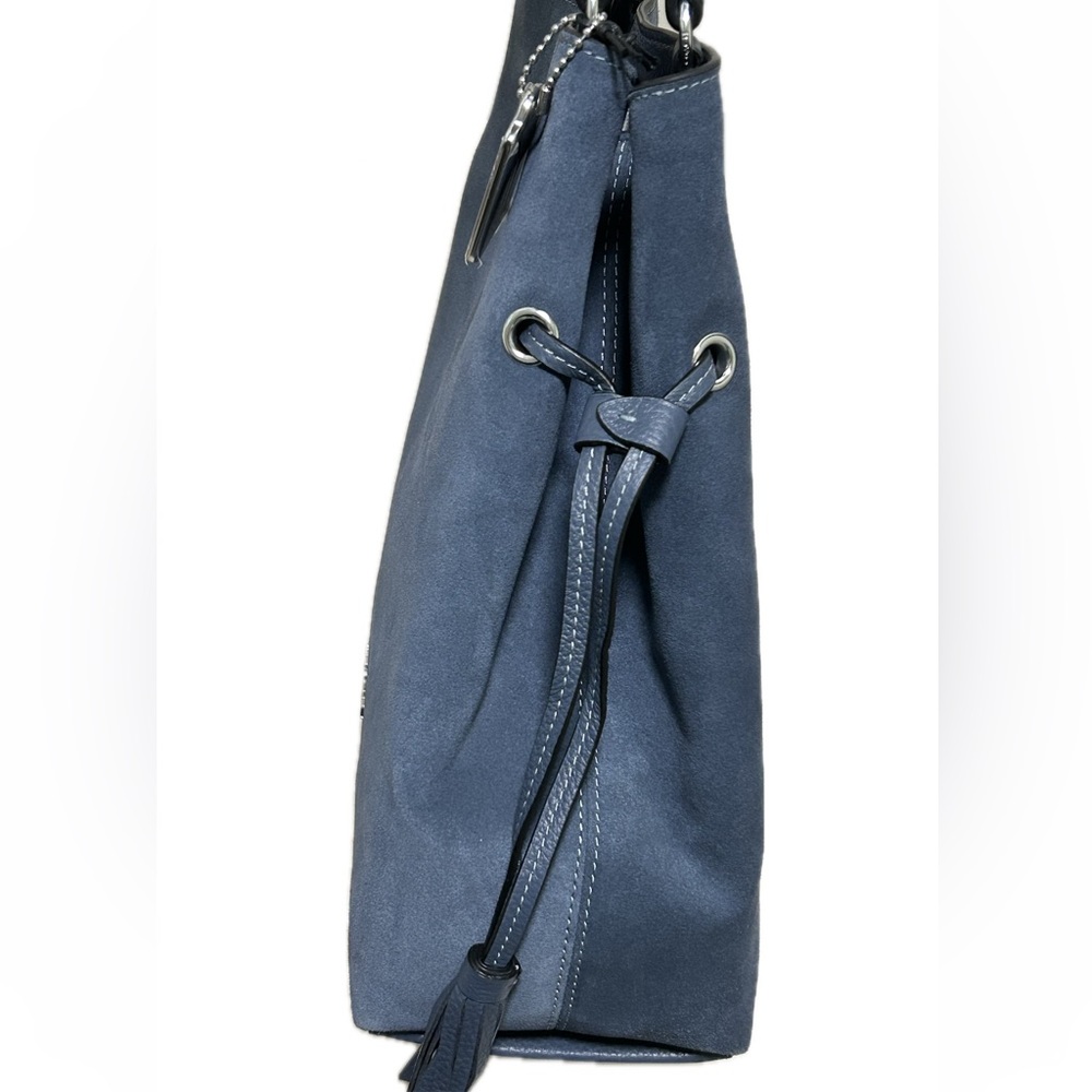 COACH Andy Suede and Pebble Leather Tassel Cinch Tote in Denim Blue NWT - Picture 7 of 12